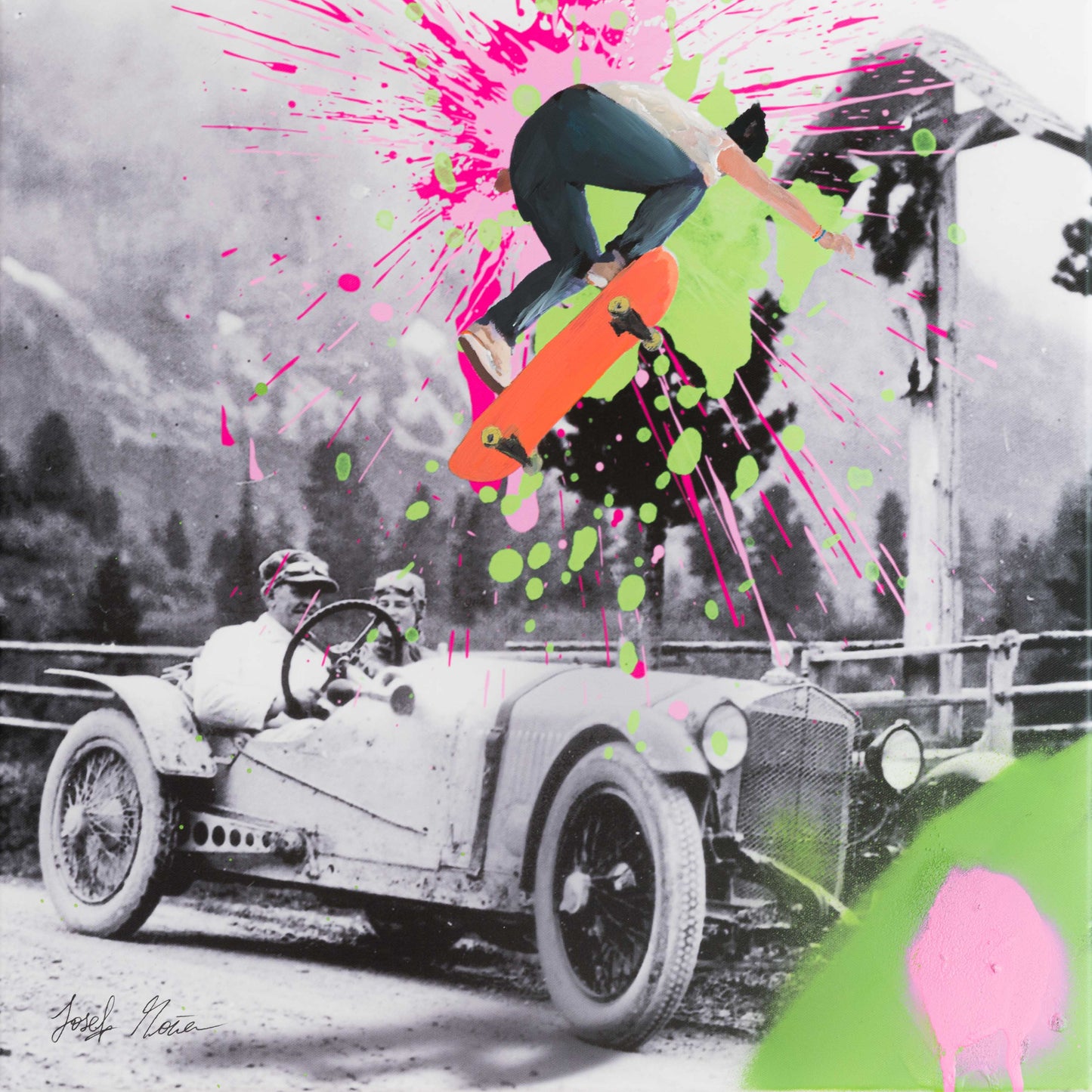 Skateboard-Sprünge durch die Zeit - 50x50cm - Josef Maier Art